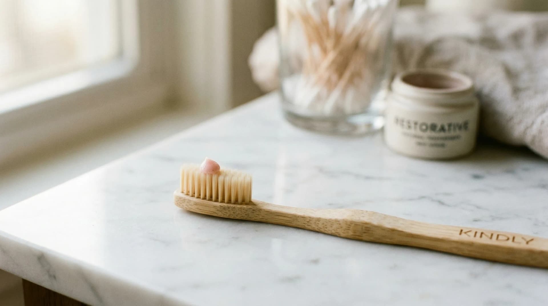 Bamboo toothbrush resting on a marble bathroom counter in morning light