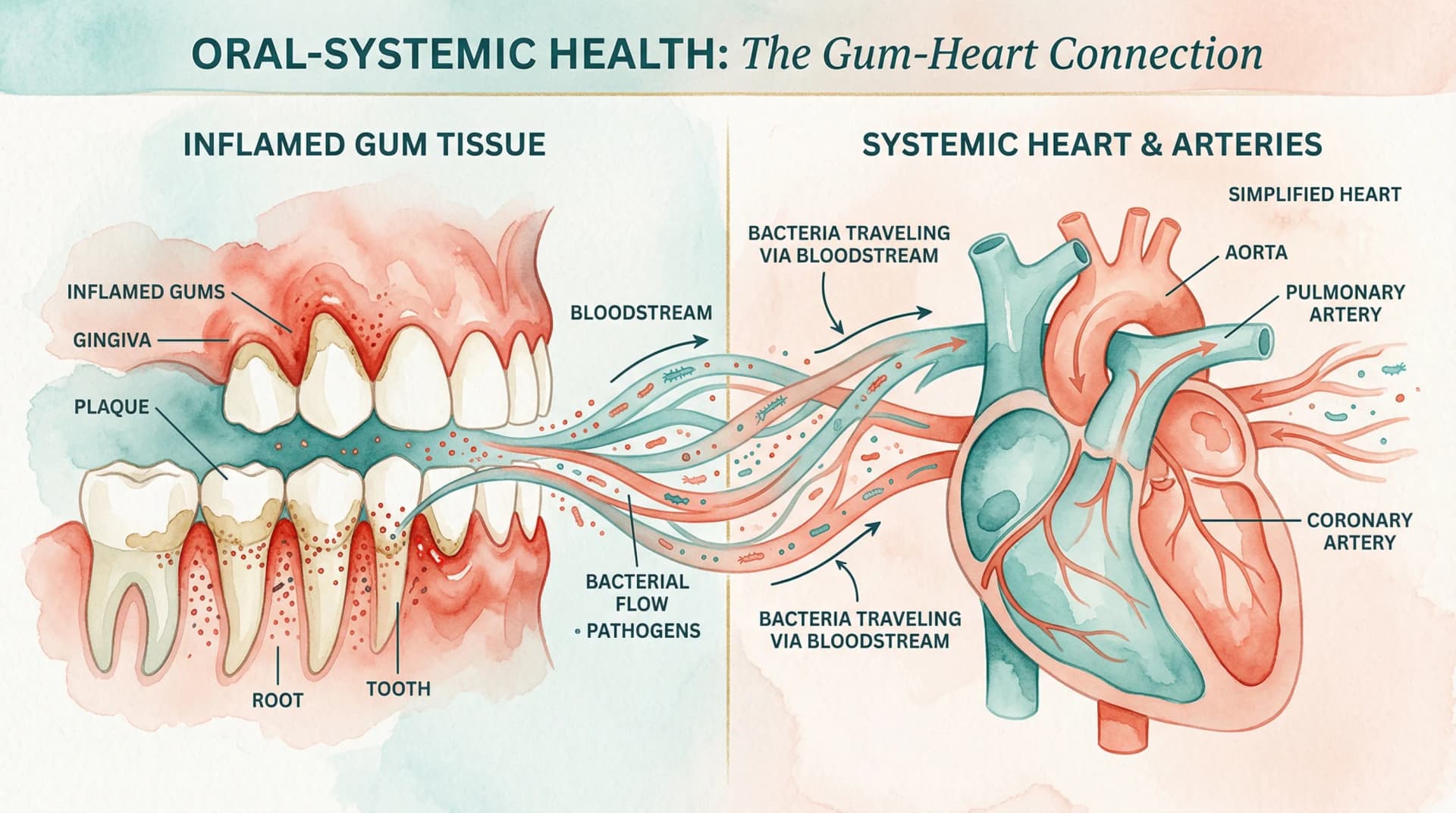 Watercolor illustration representing the connection between oral health and systemic health