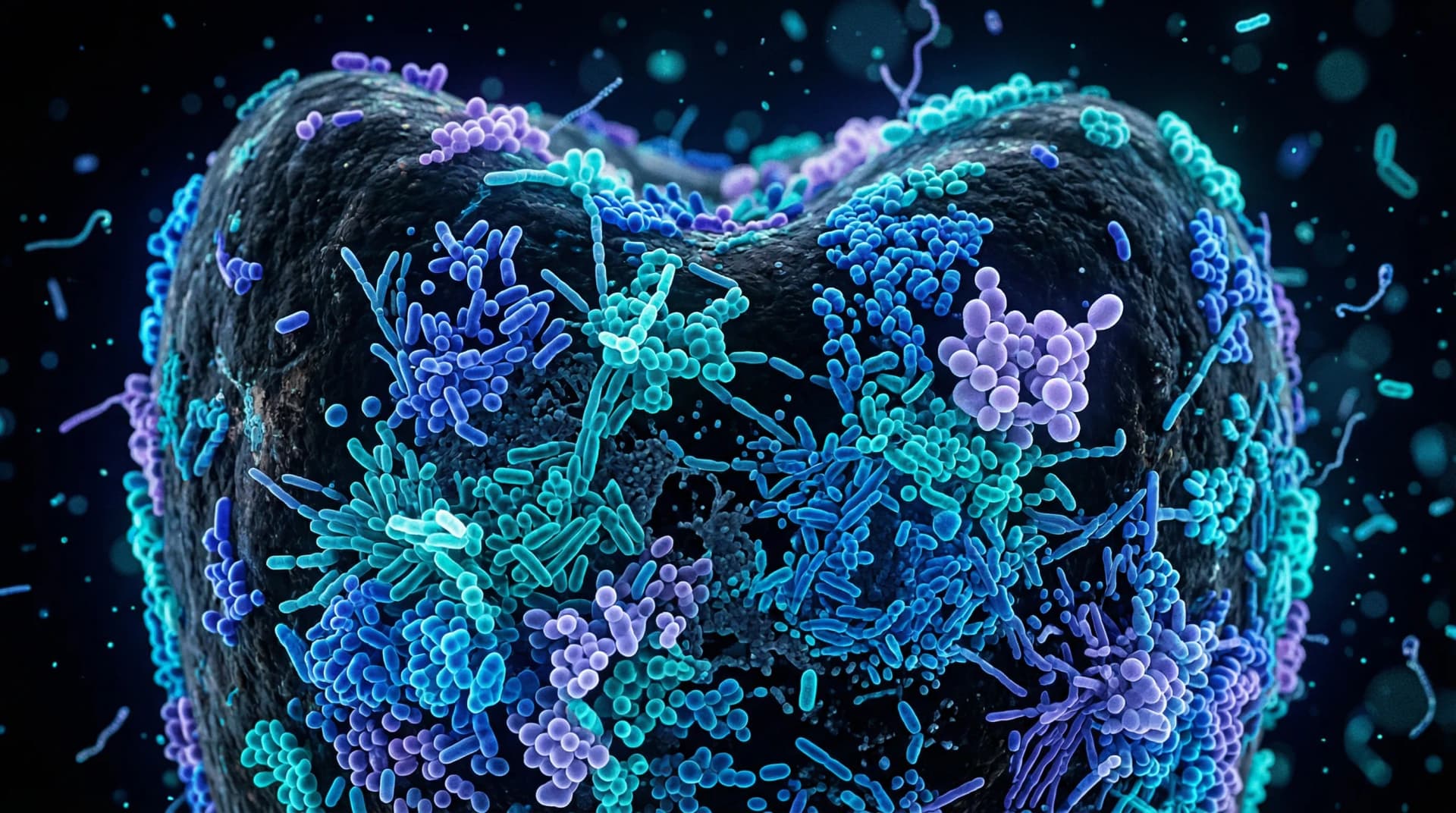 Close-up illustration of oral microbiome bacteria under magnification