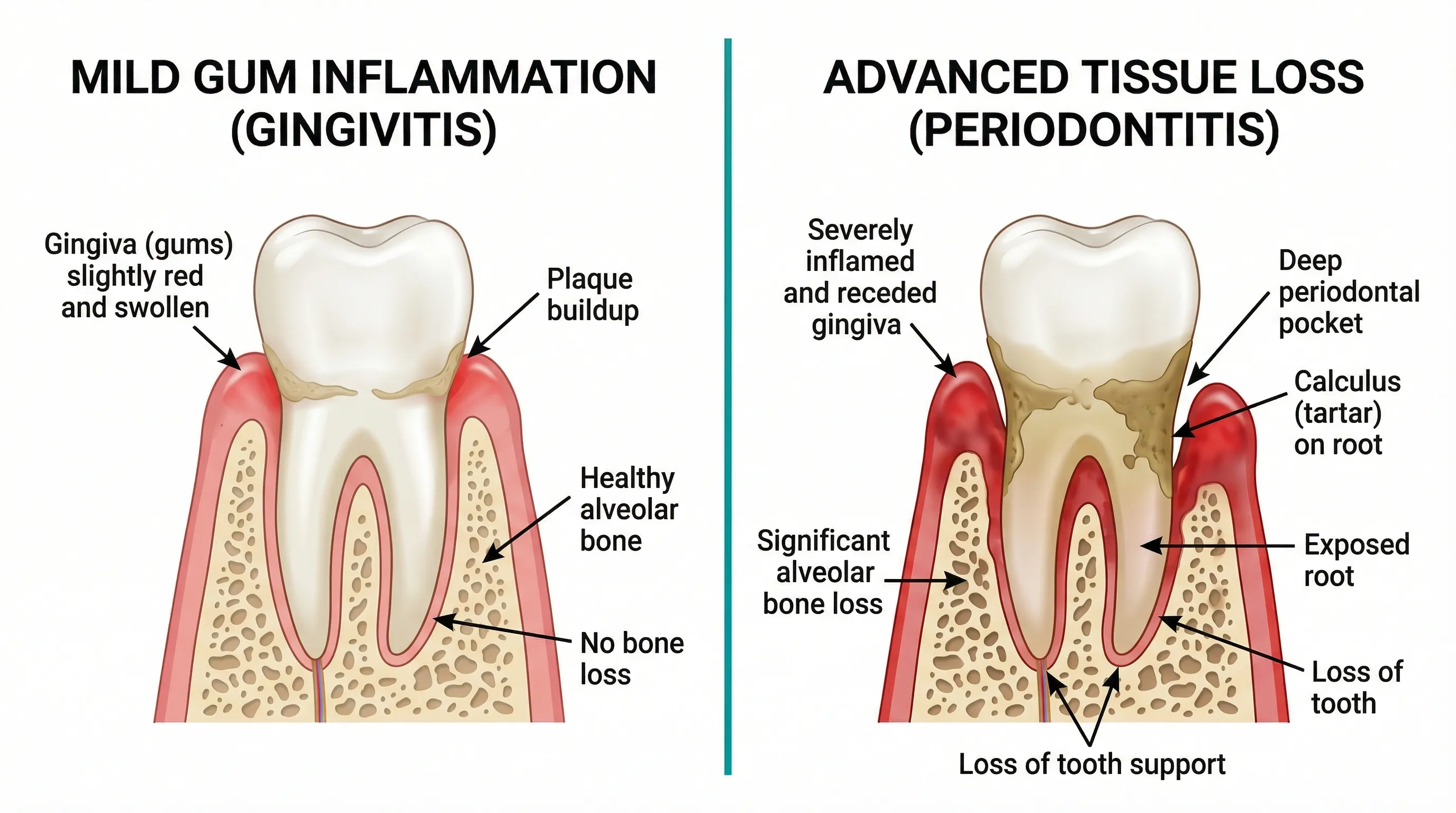 Comparison of gingivitis and periodontitis stages of gum disease