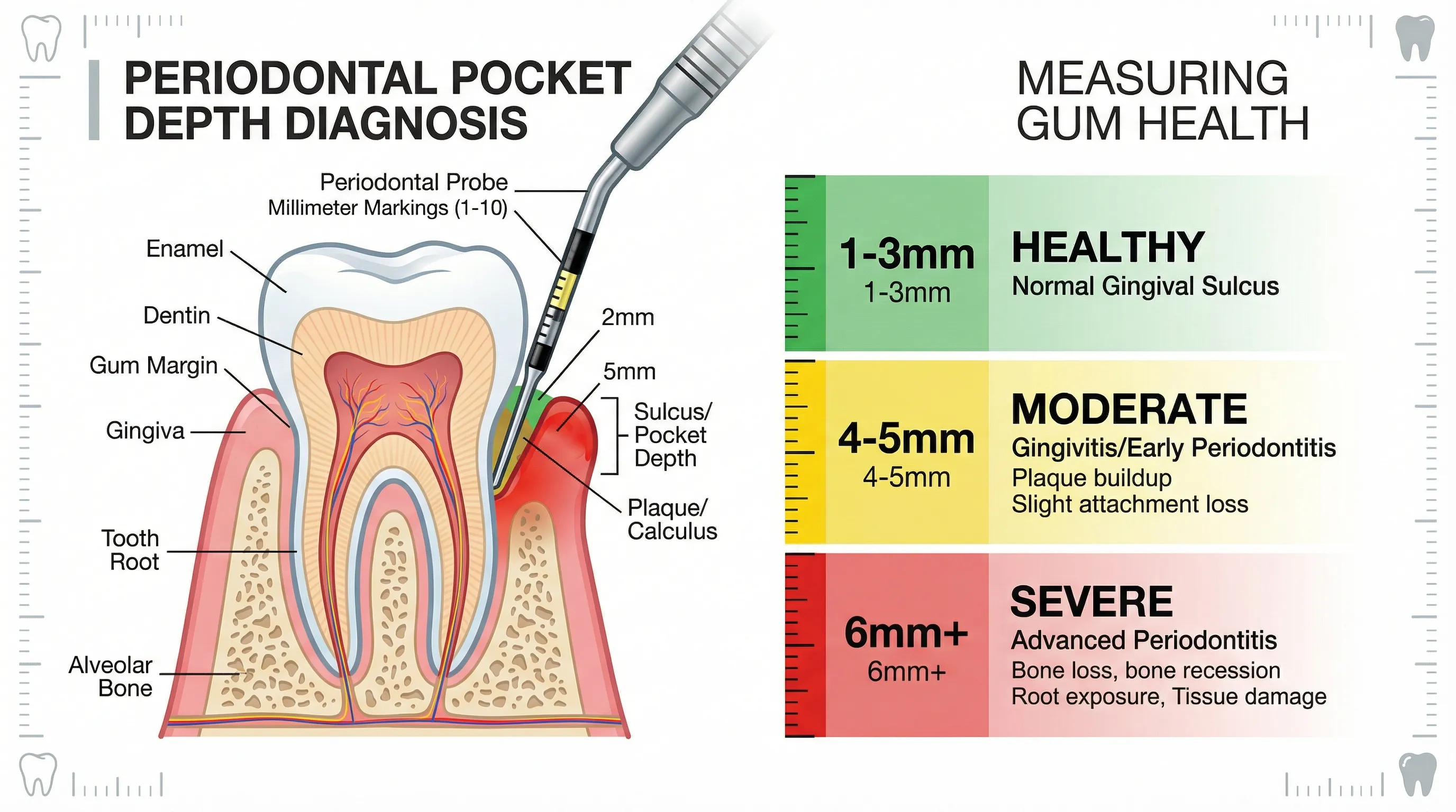 Periodontal pocket depth measurement chart showing healthy versus diseased gum readings