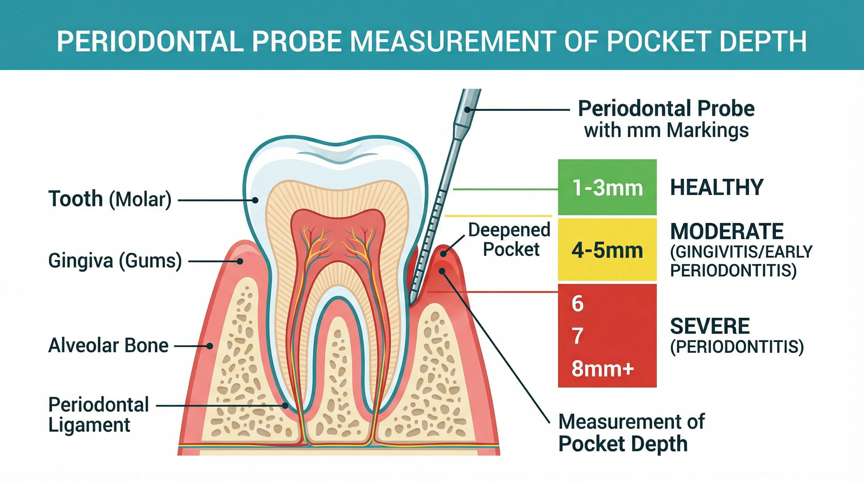 Dental probe measuring gum pocket depth around teeth during periodontal examination